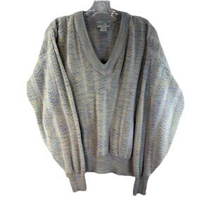 Vintage Sansabelt Golf Sweater Womens L Pastel V Neck Pullover Made in USA Cable